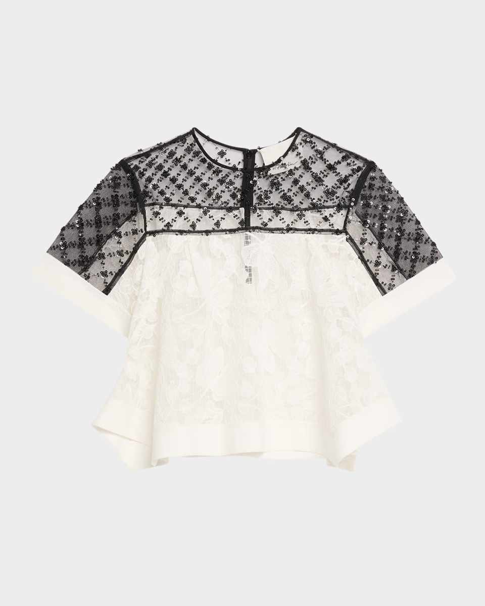 Corded Lace Organza Short-Sleeve Flounce Top
